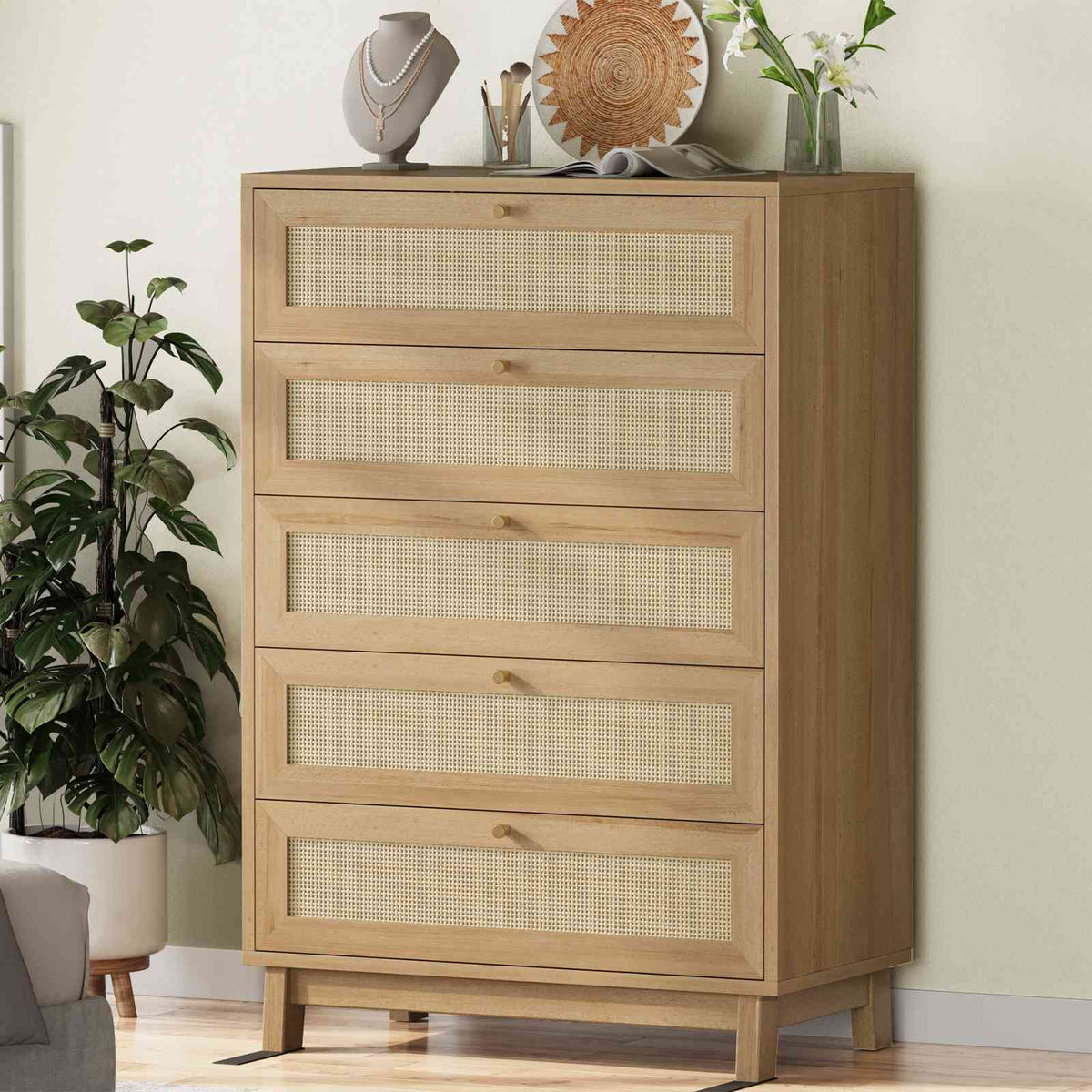 AOGLLATI Dresser with 5 Drawers Chests of Drawers with Natural Rattan Wooden Tall Dressers for Bedroom Hallway Entryway