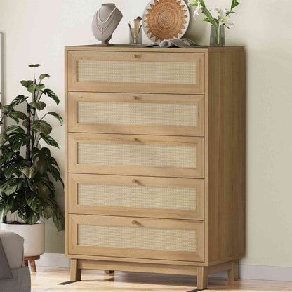 AOGLLATI Dresser with 5 Drawers Chests of Drawers with Natural Rattan Wooden Tall Dressers for Bedroom Hallway Entryway
