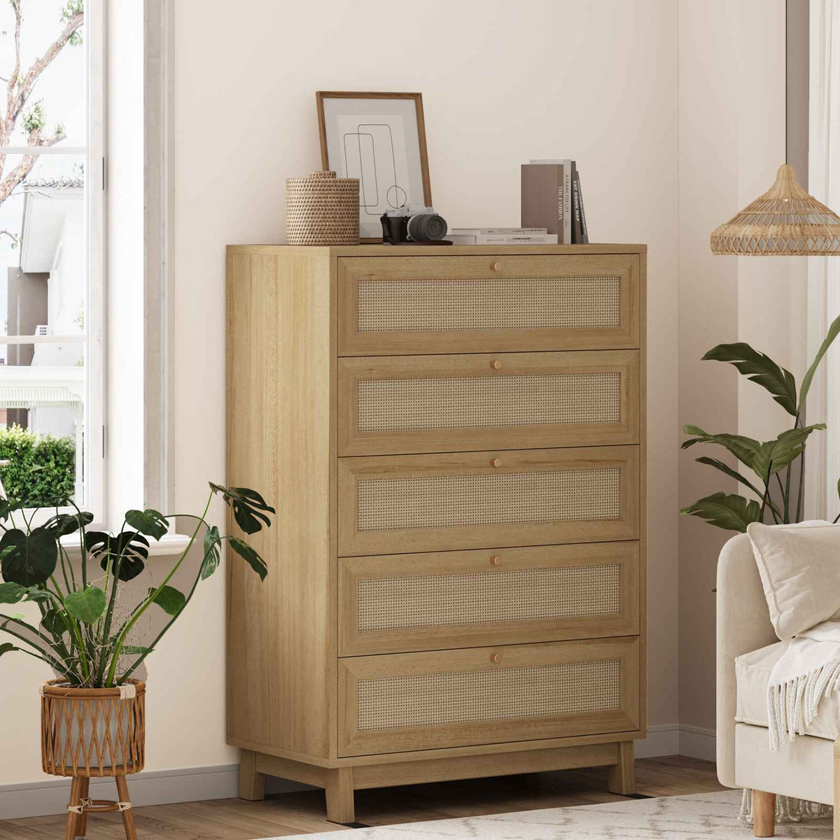 AOGLLATI Dresser with 5 Drawers Chests of Drawers with Natural Rattan Wooden Tall Dressers for Bedroom Hallway Entryway
