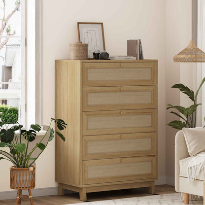AOGLLATI Dresser with 5 Drawers Chests of Drawers with Natural Rattan Wooden Tall Dressers for Bedroom Hallway Entryway