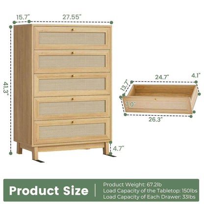 AOGLLATI Dresser with 5 Drawers Chests of Drawers with Natural Rattan Wooden Tall Dressers for Bedroom Hallway Entryway
