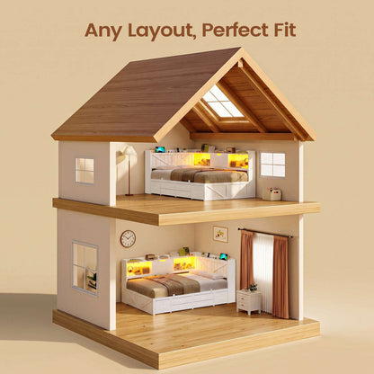 AOGLLATI Twin Corner Farmhouse Bed with 6 Drawers and Hidden Storage Daybed with Charging Station and L-Shape Top Storage 2 Bookcase