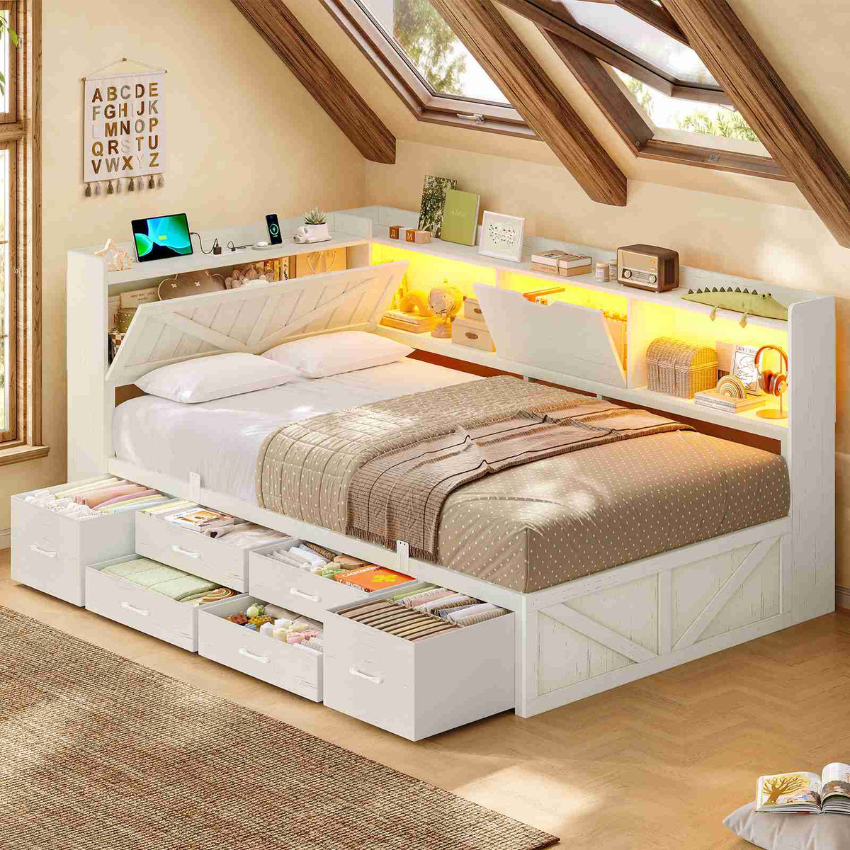 AOGLLATI Twin Corner Farmhouse Bed with 6 Drawers and Hidden Storage Daybed with Charging Station and L-Shape Top Storage 2 Bookcase