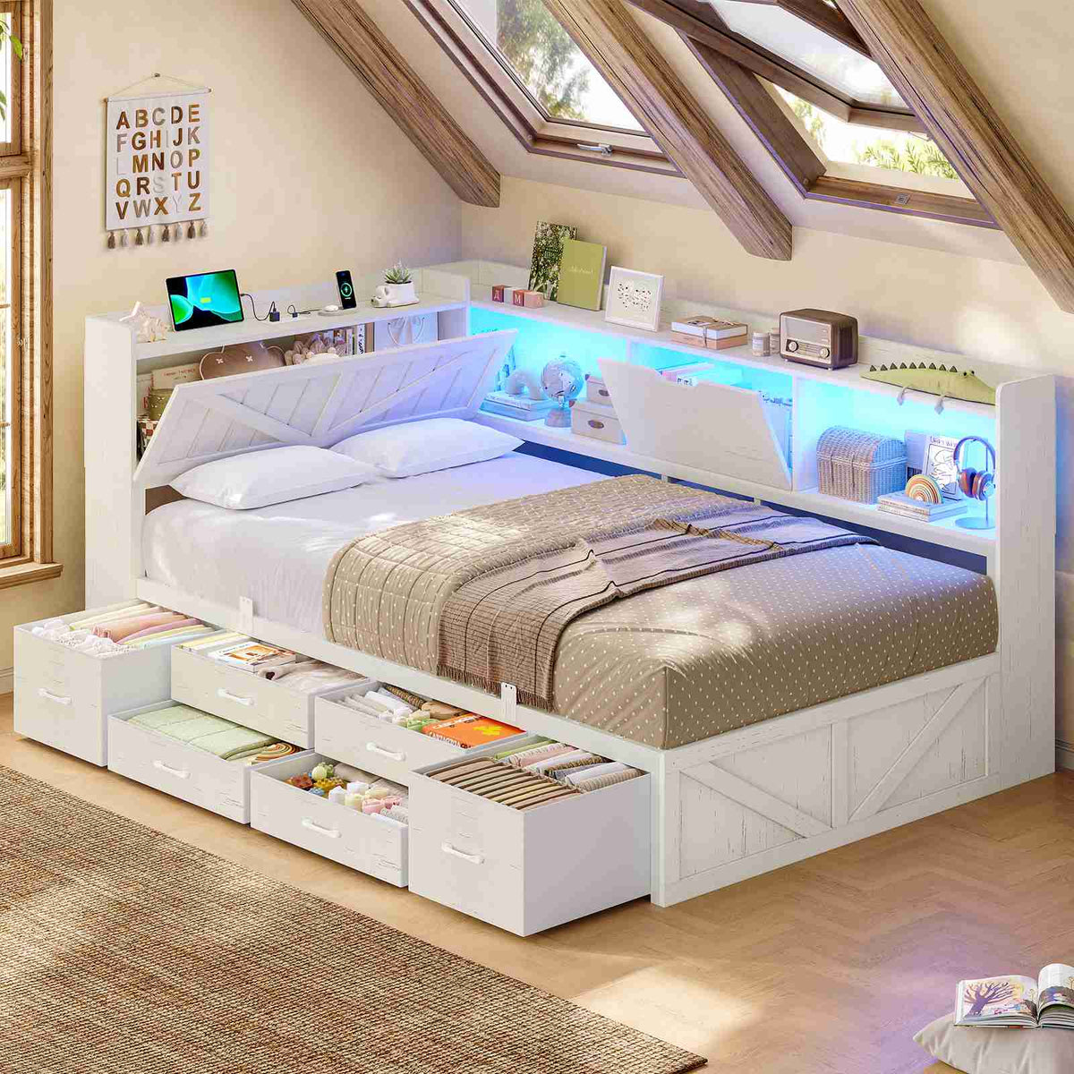 AOGLLATI Twin Corner Farmhouse Bed with 6 Drawers and Hidden Storage Daybed with Charging Station and L-Shape Top Storage 2 Bookcase