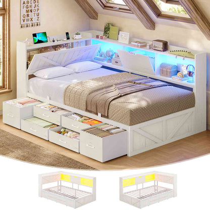 AOGLLATI Twin Corner Farmhouse Bed with 6 Drawers and Hidden Storage Daybed with Charging Station and L-Shape Top Storage 2 Bookcase