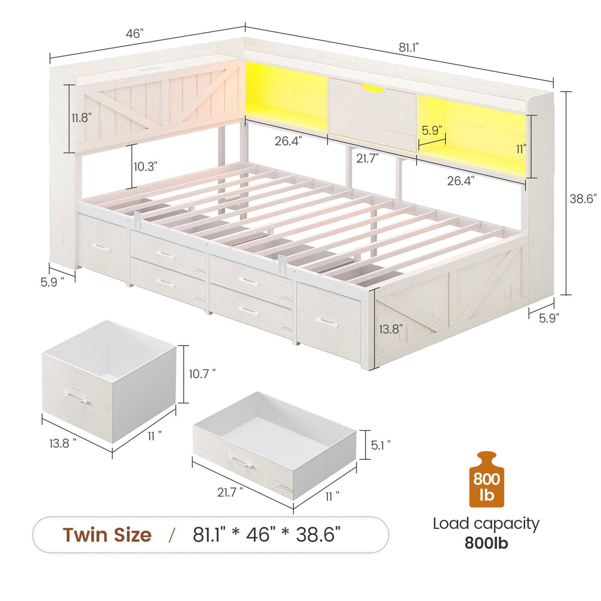 AOGLLATI Twin Corner Farmhouse Bed with 6 Drawers and Hidden Storage Daybed with Charging Station and L-Shape Top Storage 2 Bookcase