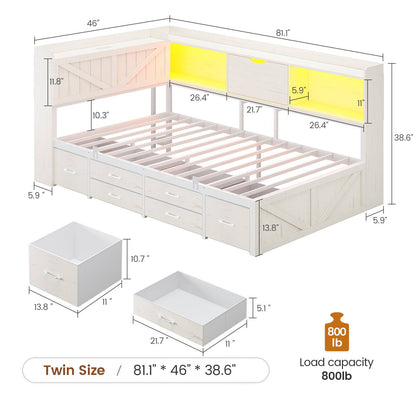 AOGLLATI Twin Corner Farmhouse Bed with 6 Drawers and Hidden Storage Daybed with Charging Station and L-Shape Top Storage 2 Bookcase