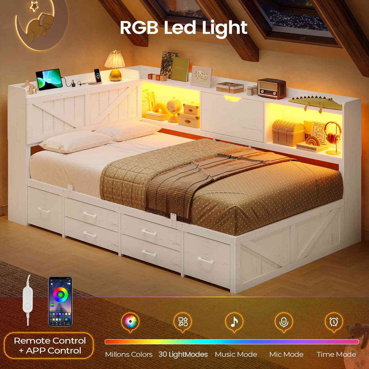 AOGLLATI Twin Corner Farmhouse Bed with 6 Drawers and Hidden Storage Daybed with Charging Station and L-Shape Top Storage 2 Bookcase