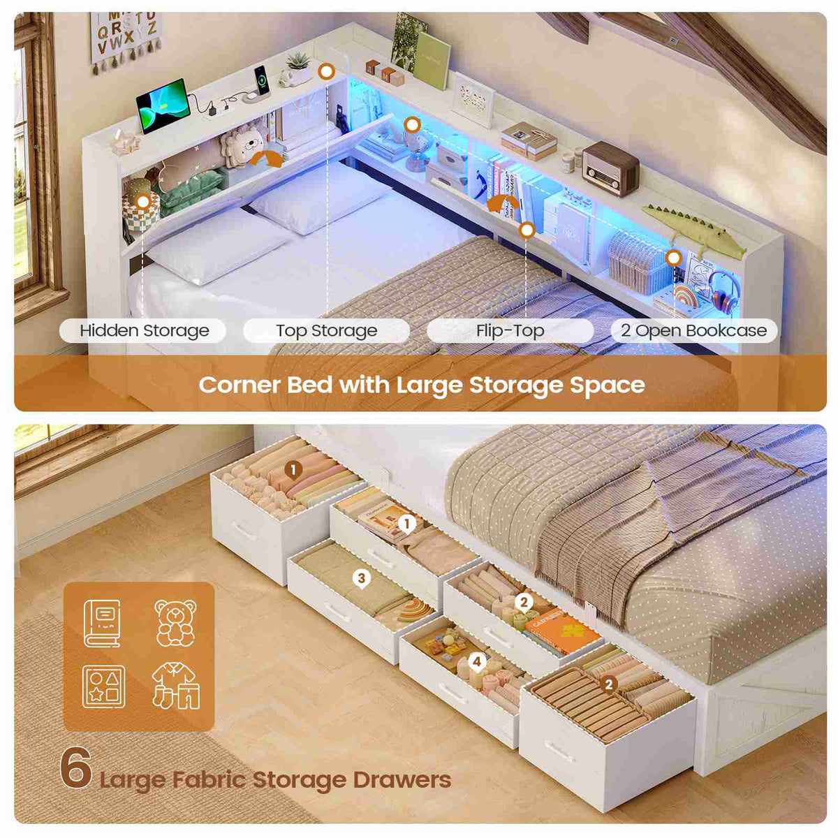 AOGLLATI Twin Corner Farmhouse Bed with 6 Drawers and Hidden Storage Daybed with Charging Station and L-Shape Top Storage 2 Bookcase
