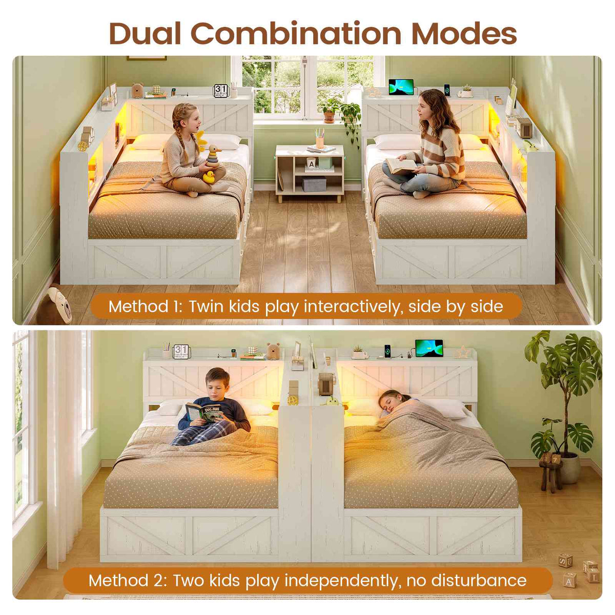 AOGLLATI Twin Corner Farmhouse Bed with 6 Drawers and Hidden Storage Daybed with Charging Station and L-Shape Top Storage 2 Bookcase