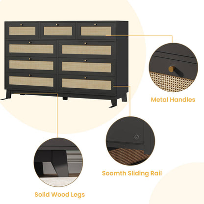 AOGLLATI 55.1 Inch Dresser with 9 Drawer Modern Wooden Long Dresser Rattan Chest of Drawers with Metal Handle & Solid Wood Legs