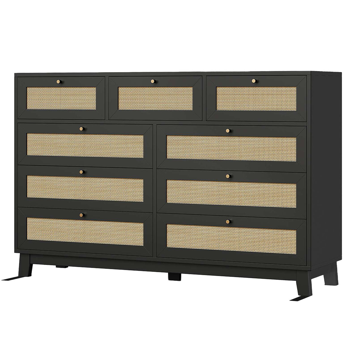 AOGLLATI 55.1 Inch Dresser with 9 Drawer Modern Wooden Long Dresser Rattan Chest of Drawers with Metal Handle & Solid Wood Legs