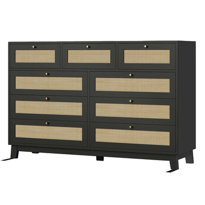 AOGLLATI 55.1 Inch Dresser with 9 Drawer Modern Wooden Long Dresser Rattan Chest of Drawers with Metal Handle & Solid Wood Legs