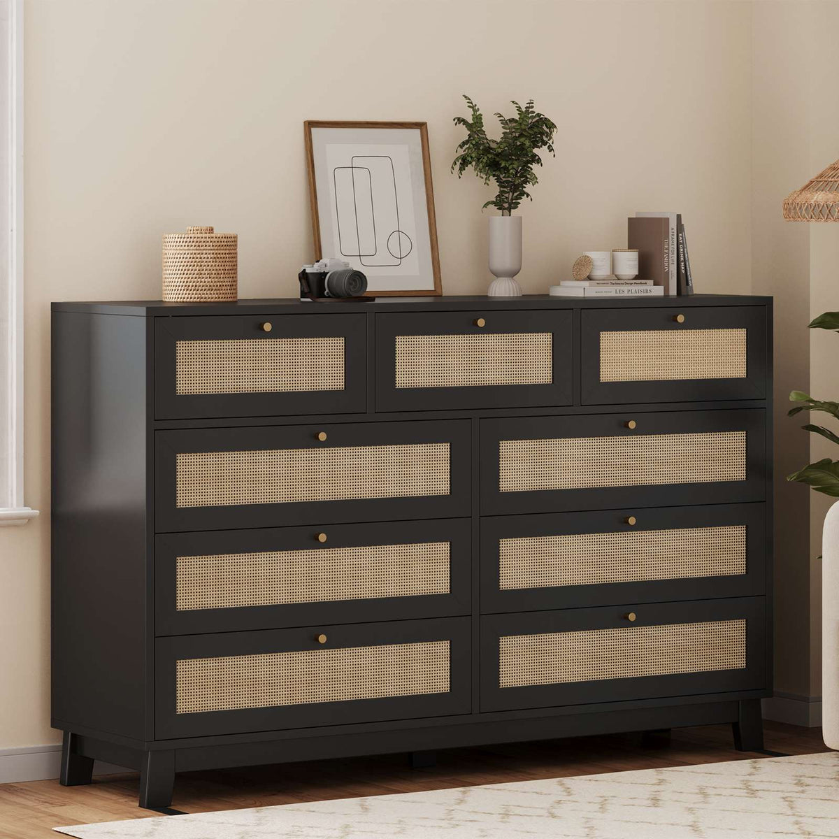 AOGLLATI 55.1 Inch Dresser with 9 Drawer Modern Wooden Long Dresser Rattan Chest of Drawers with Metal Handle & Solid Wood Legs