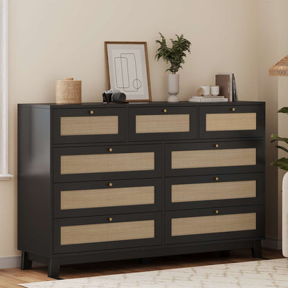 AOGLLATI 55.1 Inch Dresser with 9 Drawer Modern Wooden Long Dresser Rattan Chest of Drawers with Metal Handle & Solid Wood Legs
