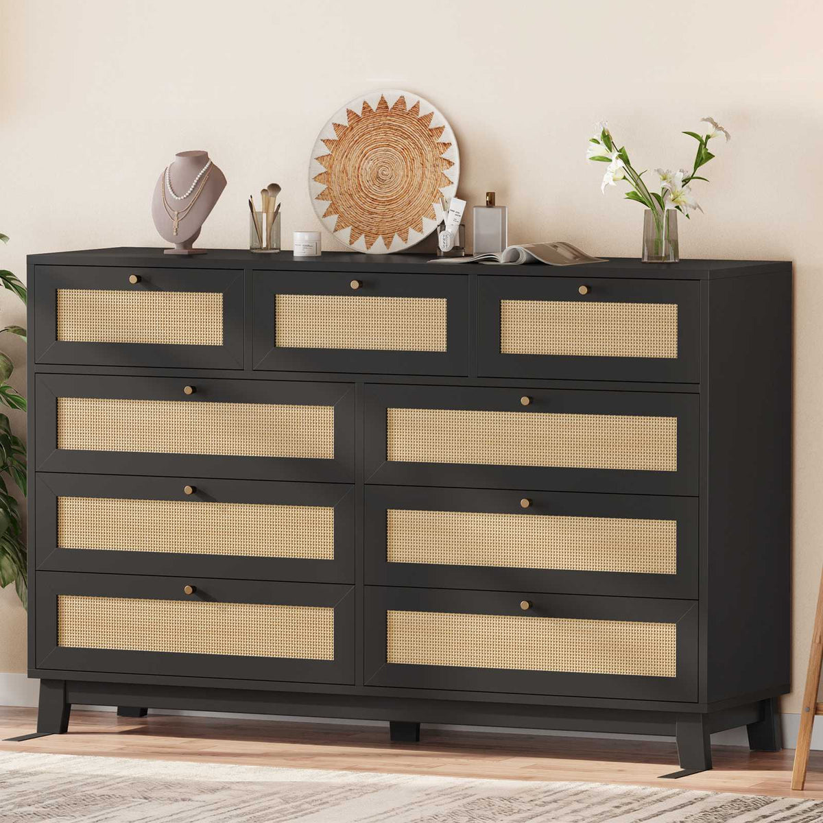 AOGLLATI 55.1 Inch Dresser with 9 Drawer Modern Wooden Long Dresser Rattan Chest of Drawers with Metal Handle & Solid Wood Legs