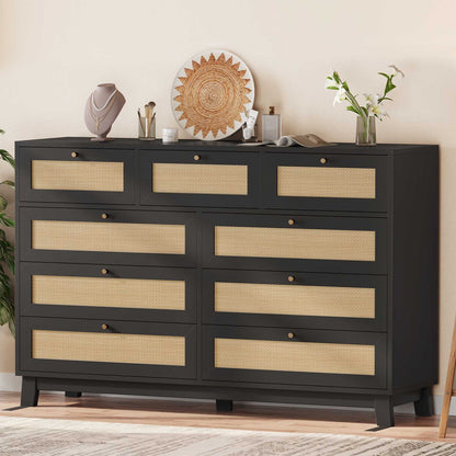 AOGLLATI 55.1 Inch Dresser with 9 Drawer Modern Wooden Long Dresser Rattan Chest of Drawers with Metal Handle & Solid Wood Legs