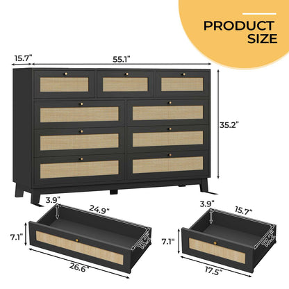 AOGLLATI 55.1 Inch Dresser with 9 Drawer Modern Wooden Long Dresser Rattan Chest of Drawers with Metal Handle & Solid Wood Legs