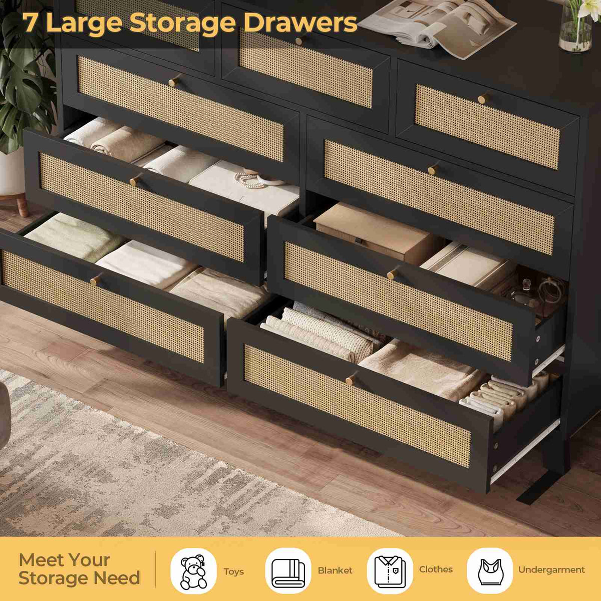 AOGLLATI 55.1 Inch Dresser with 9 Drawer Modern Wooden Long Dresser Rattan Chest of Drawers with Metal Handle & Solid Wood Legs