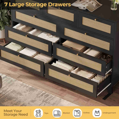 AOGLLATI 55.1 Inch Dresser with 9 Drawer Modern Wooden Long Dresser Rattan Chest of Drawers with Metal Handle & Solid Wood Legs