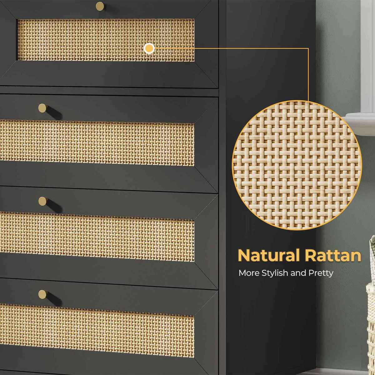 AOGLLATI 55.1 Inch Dresser with 9 Drawer Modern Wooden Long Dresser Rattan Chest of Drawers with Metal Handle & Solid Wood Legs
