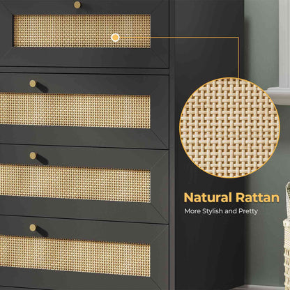 AOGLLATI 55.1 Inch Dresser with 9 Drawer Modern Wooden Long Dresser Rattan Chest of Drawers with Metal Handle & Solid Wood Legs