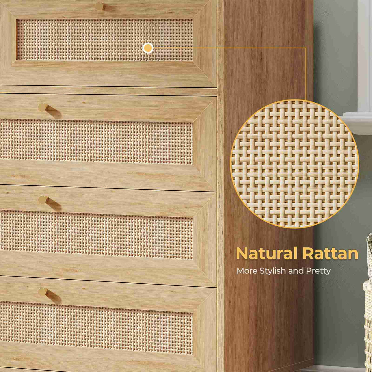 AOGLLATI 55.1 Inch Dresser with 9 Drawer Modern Wooden Long Dresser Rattan Chest of Drawers with Metal Handle & Solid Wood Legs