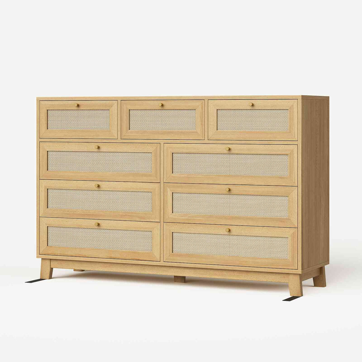 AOGLLATI 55.1 Inch Dresser with 9 Drawer Modern Wooden Long Dresser Rattan Chest of Drawers with Metal Handle & Solid Wood Legs