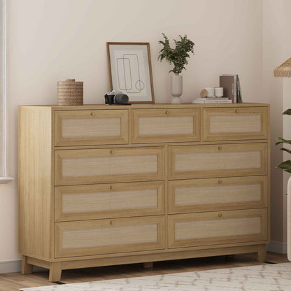 AOGLLATI 55.1 Inch Dresser with 9 Drawer Modern Wooden Long Dresser Rattan Chest of Drawers with Metal Handle & Solid Wood Legs