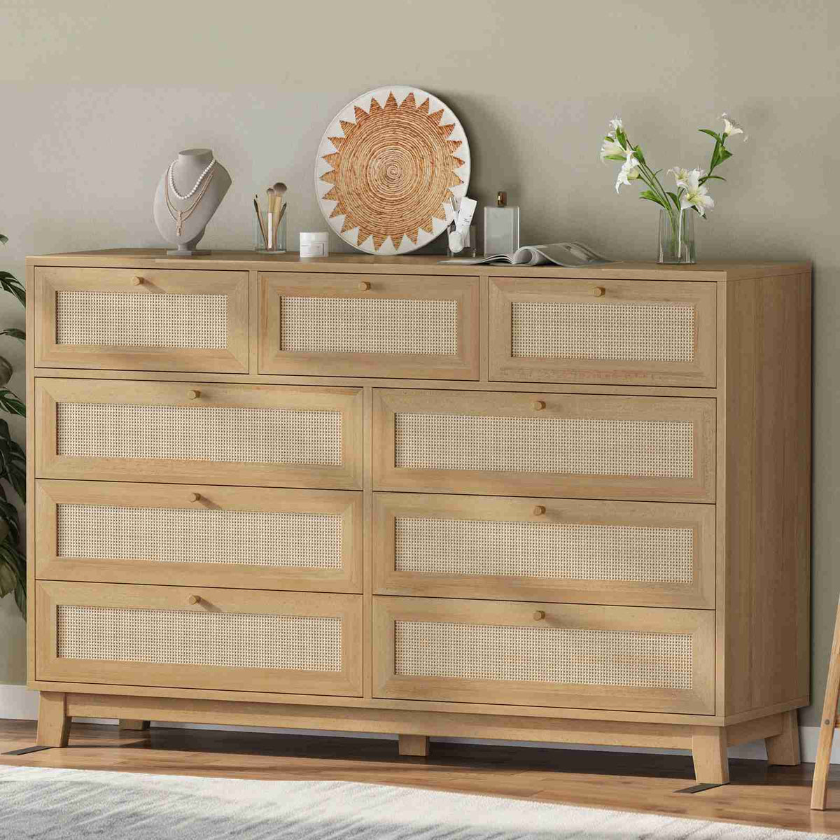 AOGLLATI 55.1 Inch Dresser with 9 Drawer Modern Wooden Long Dresser Rattan Chest of Drawers with Metal Handle & Solid Wood Legs
