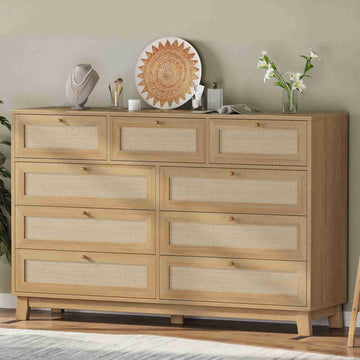 AOGLLATI 55.1 Inch Dresser with 9 Drawer Modern Wooden Long Dresser Rattan Chest of Drawers with Metal Handle & Solid Wood Legs