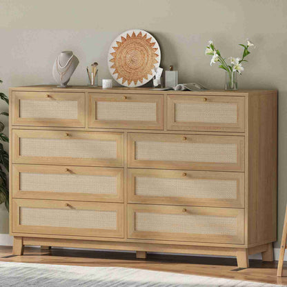 AOGLLATI 55.1 Inch Dresser with 9 Drawer Modern Wooden Long Dresser Rattan Chest of Drawers with Metal Handle & Solid Wood Legs