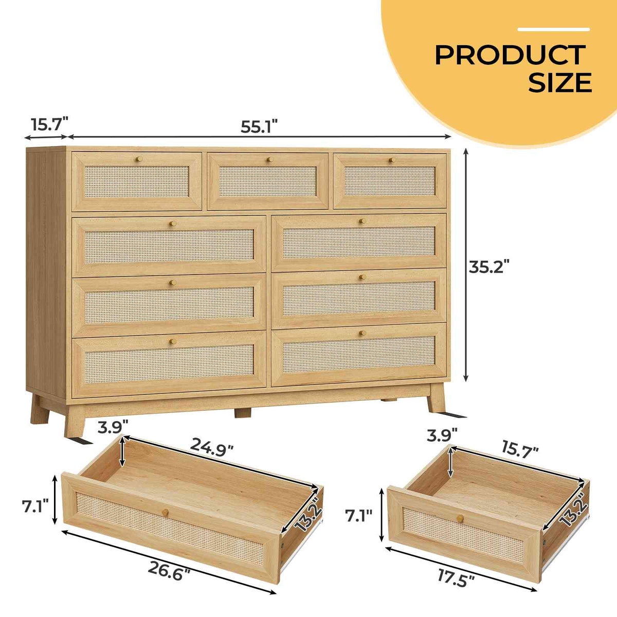 AOGLLATI 55.1 Inch Dresser with 9 Drawer Modern Wooden Long Dresser Rattan Chest of Drawers with Metal Handle & Solid Wood Legs