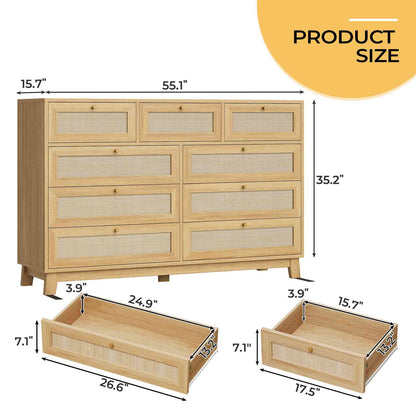 AOGLLATI 55.1 Inch Dresser with 9 Drawer Modern Wooden Long Dresser Rattan Chest of Drawers with Metal Handle & Solid Wood Legs