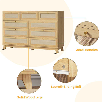 AOGLLATI 55.1 Inch Dresser with 9 Drawer Modern Wooden Long Dresser Rattan Chest of Drawers with Metal Handle & Solid Wood Legs