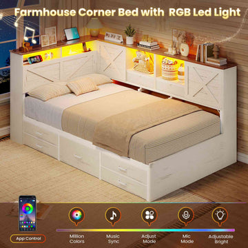 AOGLALTI Farmhouse Twin Corner Bed with 7 Drawers and Sliding Doors LED Daybed with 2 Tier Side Bookshelves and Charging Station and Hidden Headboard