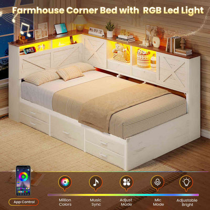 AOGLALTI Farmhouse Twin Corner Bed with 7 Drawers and Sliding Doors LED Daybed with 2 Tier Side Bookshelves and Charging Station and Hidden Headboard