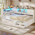 AOGLALTI Farmhouse Twin Corner Bed with 7 Drawers and Sliding Doors LED Daybed with 2 Tier Side Bookshelves and Charging Station and Hidden Headboard