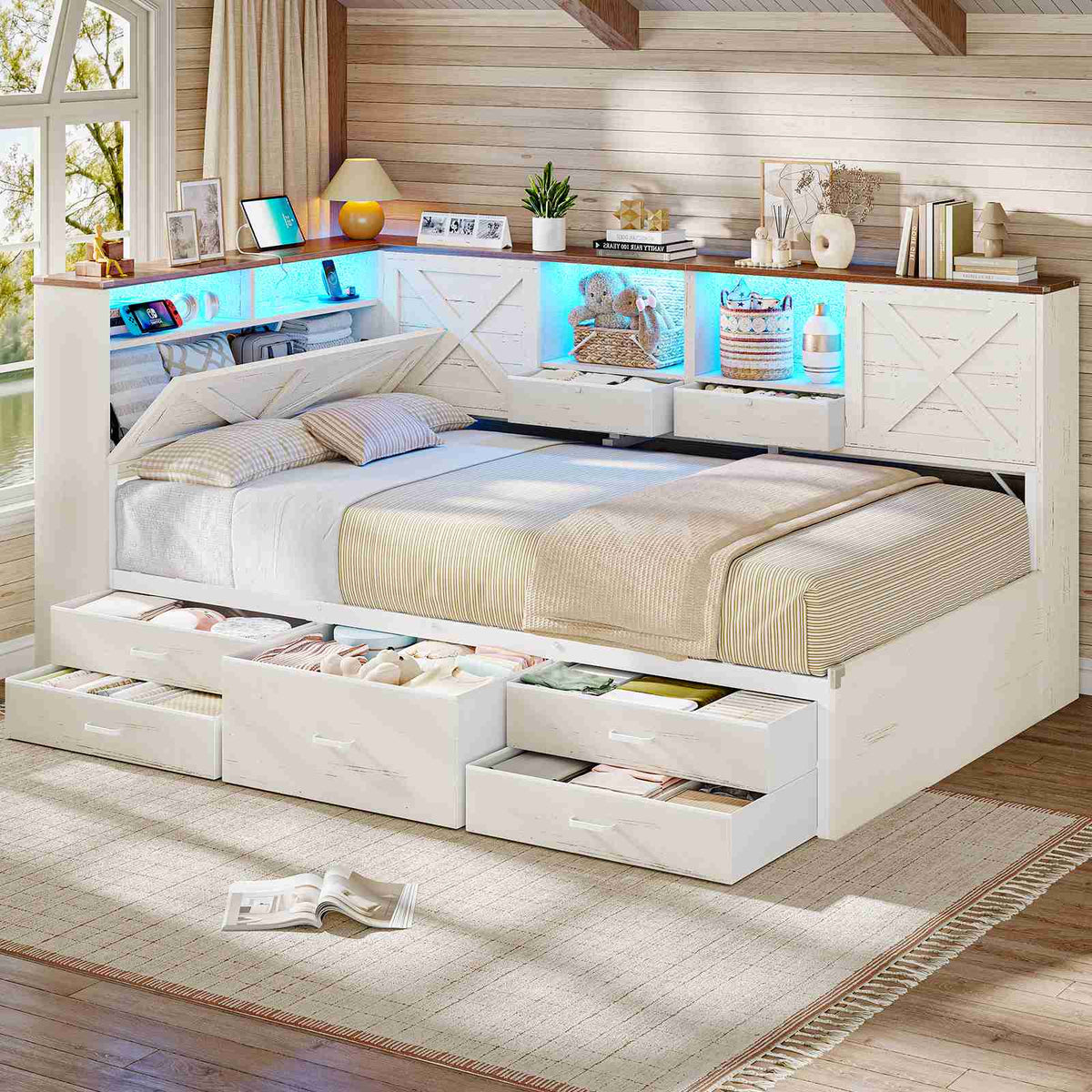 AOGLALTI Farmhouse Twin Corner Bed with 7 Drawers and Sliding Doors LED Daybed with 2 Tier Side Bookshelves and Charging Station and Hidden Headboard