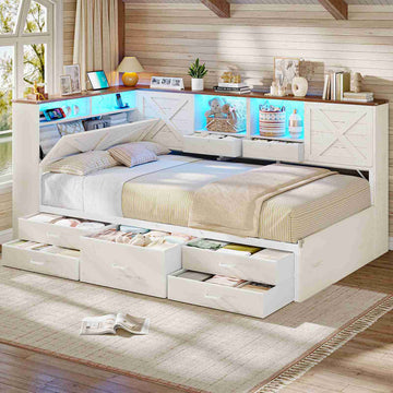 AOGLALTI Farmhouse Twin Corner Bed with 7 Drawers and Sliding Doors LED Daybed with 2 Tier Side Bookshelves and Charging Station and Hidden Headboard