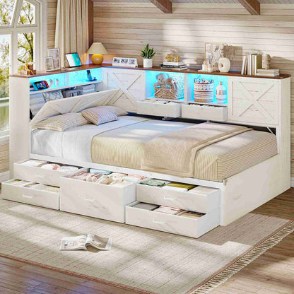 AOGLALTI Farmhouse Twin Corner Bed with 7 Drawers and Sliding Doors LED Daybed with 2 Tier Side Bookshelves and Charging Station and Hidden Headboard