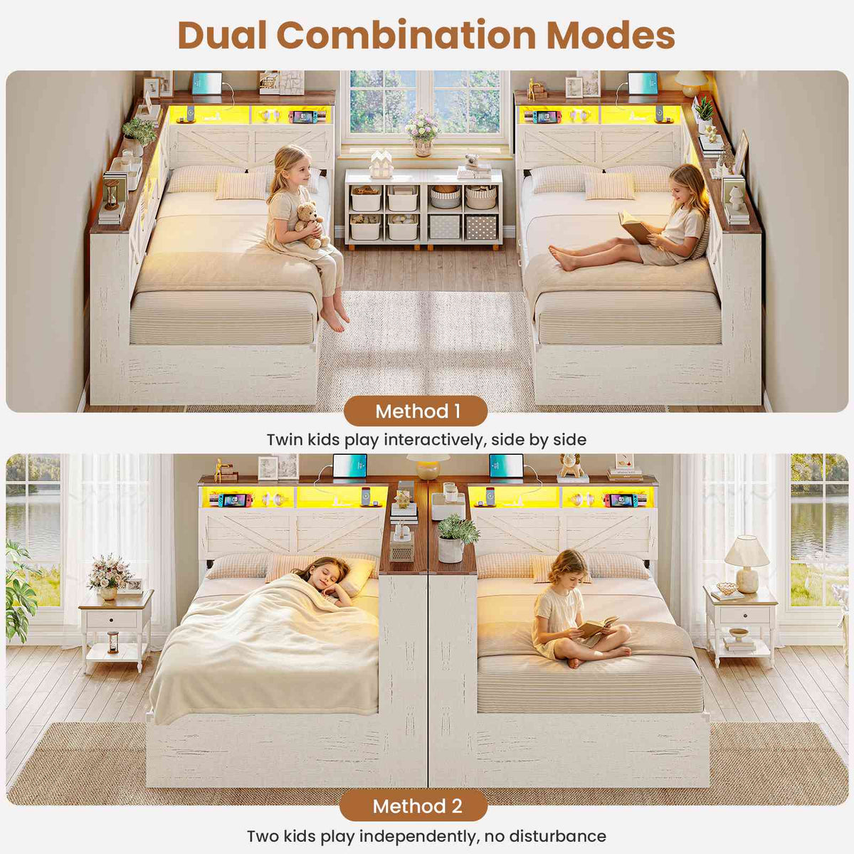 AOGLALTI Farmhouse Twin Corner Bed with 7 Drawers and Sliding Doors LED Daybed with 2 Tier Side Bookshelves and Charging Station and Hidden Headboard