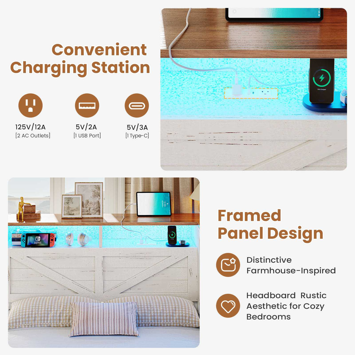 AOGLALTI Farmhouse Twin Corner Bed with 7 Drawers and Sliding Doors LED Daybed with 2 Tier Side Bookshelves and Charging Station and Hidden Headboard