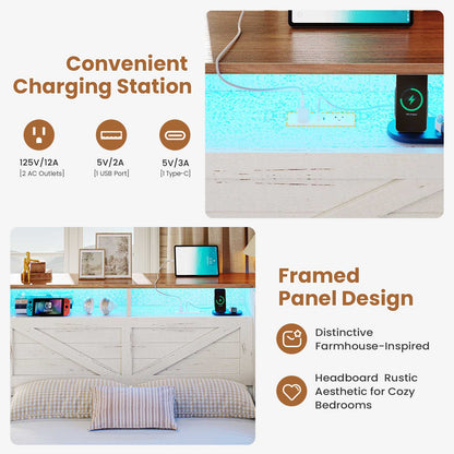 AOGLALTI Farmhouse Twin Corner Bed with 7 Drawers and Sliding Doors LED Daybed with 2 Tier Side Bookshelves and Charging Station and Hidden Headboard