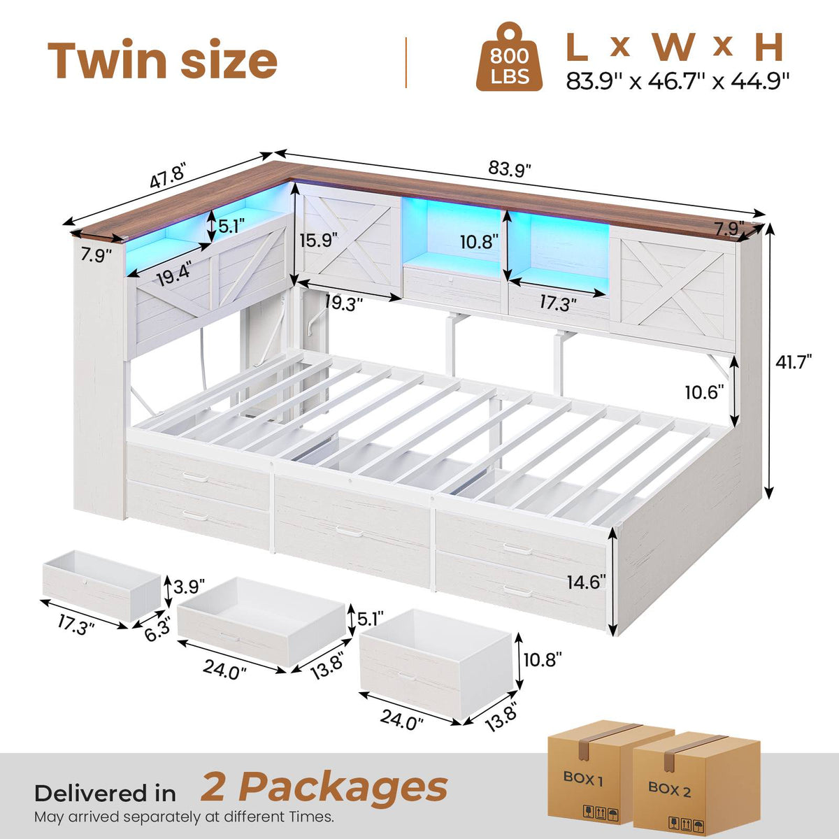 AOGLALTI Farmhouse Twin Corner Bed with 7 Drawers and Sliding Doors LED Daybed with 2 Tier Side Bookshelves and Charging Station and Hidden Headboard