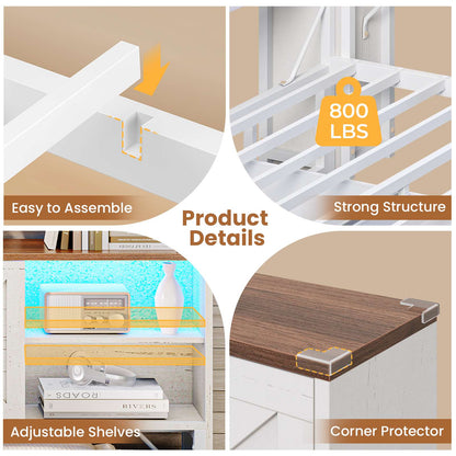 AOGLALTI Farmhouse Twin Corner Bed with 7 Drawers and Sliding Doors LED Daybed with 2 Tier Side Bookshelves and Charging Station and Hidden Headboard