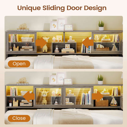 AOGLLATI Twin Corner Bed Frame with 3 Storage Drawers and Acrylic Sliding Door LED Daybed with 2 Tier Side Bookshelves and Hidden Headboard and Charging Station