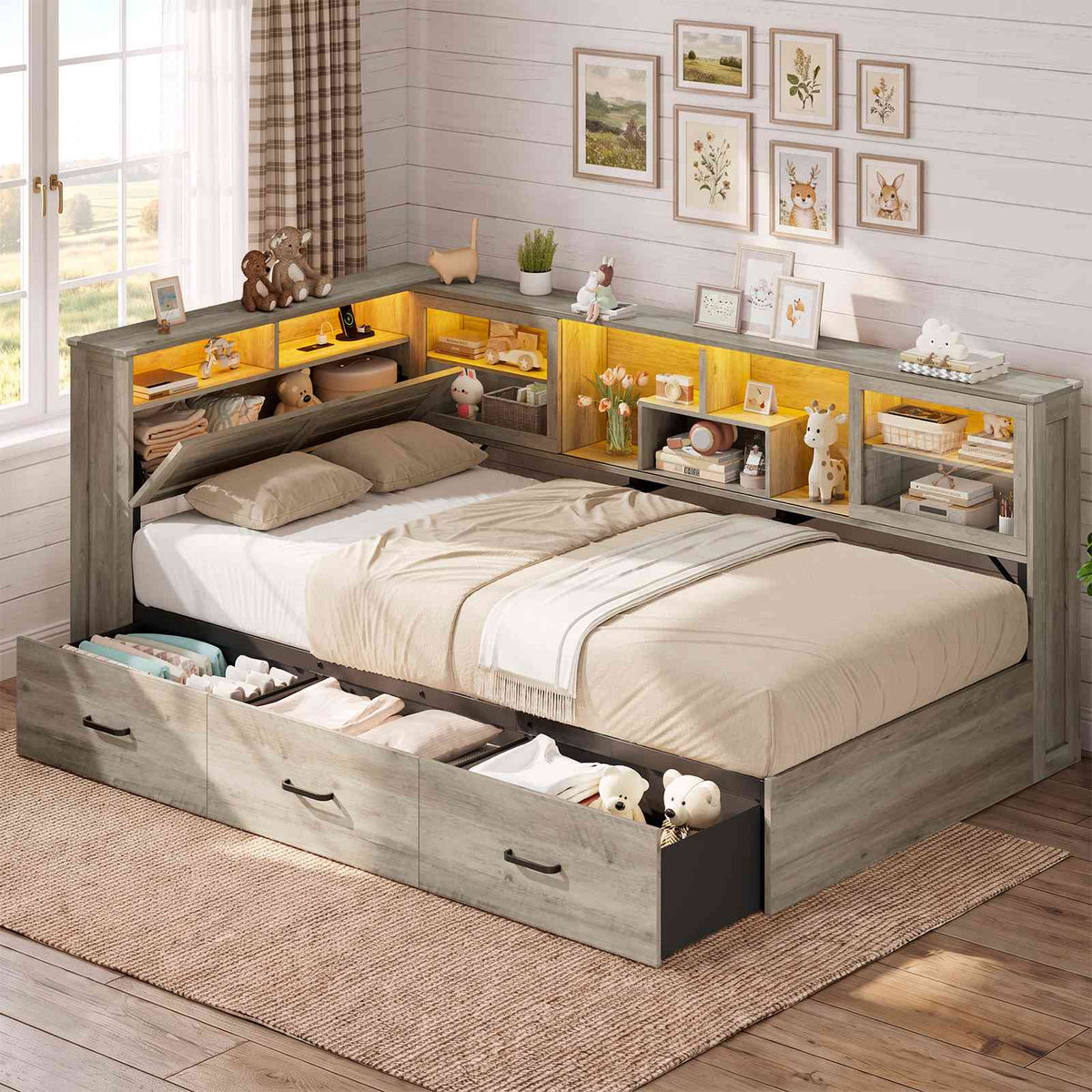 AOGLLATI Twin Corner Bed Frame with 3 Storage Drawers and Acrylic Sliding Door LED Daybed with 2 Tier Side Bookshelves and Hidden Headboard and Charging Station