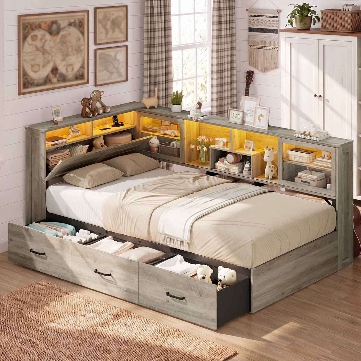 AOGLLATI Twin Corner Bed Frame with 3 Storage Drawers and Acrylic Sliding Door LED Daybed with 2 Tier Side Bookshelves and Hidden Headboard and Charging Station
