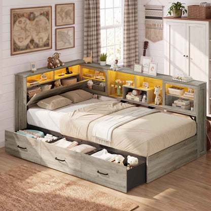 AOGLLATI Twin Corner Bed Frame with 3 Storage Drawers and Acrylic Sliding Door LED Daybed with 2 Tier Side Bookshelves and Hidden Headboard and Charging Station